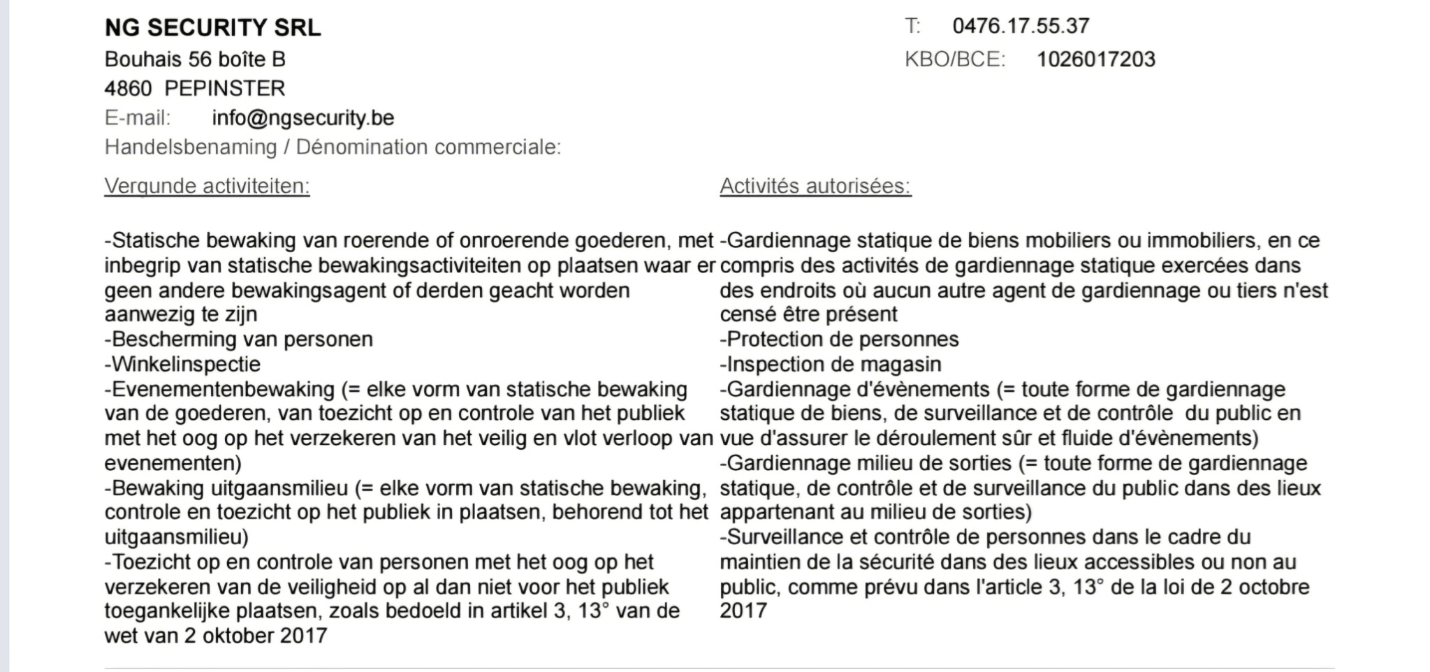 Document NG Security SRL : coordonnées et liste bilingue des activités autorisées, retranscrites sur cette page